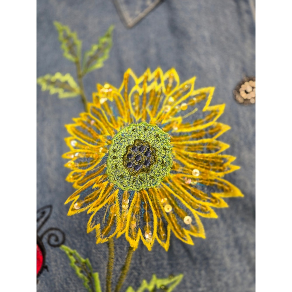 Vintage Embroidered Sunflower Ladybug Denim Jacket Blue Large L Cotton Pockets - Picture 15 of 16